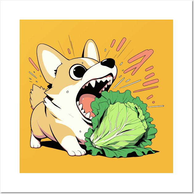 Corgi before attacking lettuce Wall Art by ArtisticBox